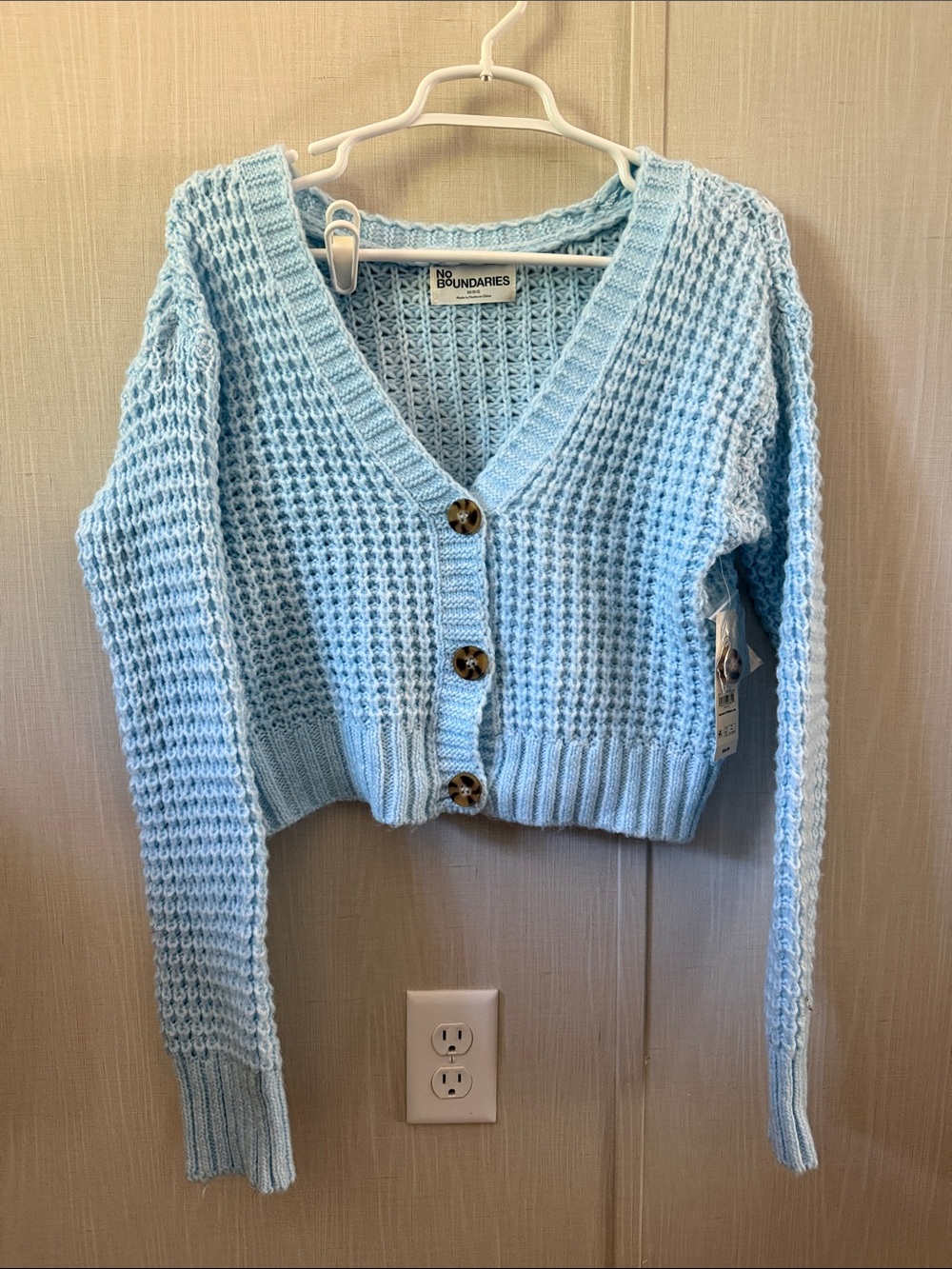 No Boundaries Pale Blue Cropped Knit Button Cardigan